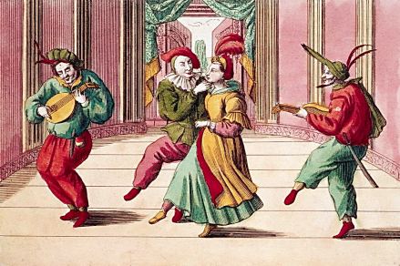 Eighteenth-century Engraving of Commedia dell'arte Actors on Stage